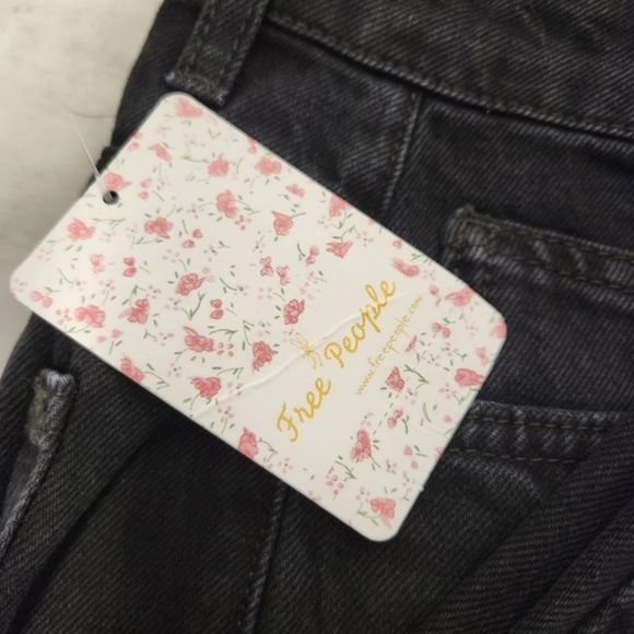 Free People Dakota Straight Leg Destructed Hem High Rise Pitch Black Denim Jeans - Picture 3 of 11